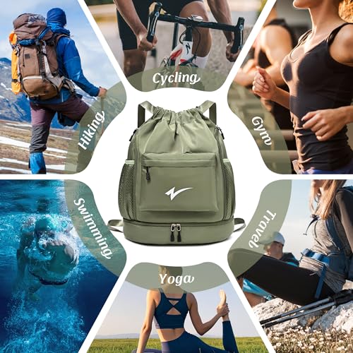 Sport Drawstring Backpack, Gym Bag with Mesh Side Pockets and Separate Shoe Compartment, Water-Resistant (Army-Green) - color: Army-green