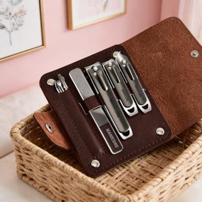 10 Pcs Folding Leather Nail Clipper, Portable Manicure Kit with Case,Brown | Compact Nail Care Set with Multiple Clippers & Files, Durable Travel Case, Ideal for Manicure, Pedicure & Personal Grooming