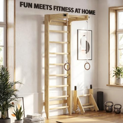 Swedish Ladder Wall Bar with Adjustable Pull-Up Bar | Solid Wood Construction, 10 Pine Rungs, All Ages, for Home, School, Gymnastics Training