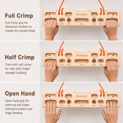 WodGod Radiata Pine Hangboard Non-Slip Portable Wood Climbing Fingerboard, 8 Grip Positions Portable Wall Mount & Hanging Finger Strength Trainer for Rock Climbing, All Skill Levels