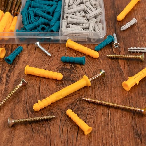 Drywall Anchors and Screws Assortment Kit 270PCS, 135 Plastic Dry Wall Expansion Anchors and 135 Flat Head Wood Screws, 5 Sizes Wall Hanging Kit for Art Decor, Replaces Picture Nails