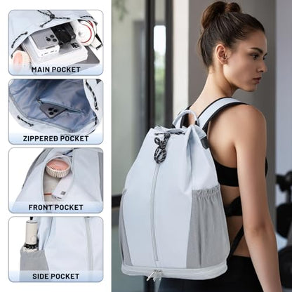 mygreen Gym Drawstring Backpack with Shoe Compartment – Waterproof Sports Bag, Lightweight & Breathable for Gym, Travel, Yoga | Large Capacity, Foldable Design Dark Grey - color: Dark Grey