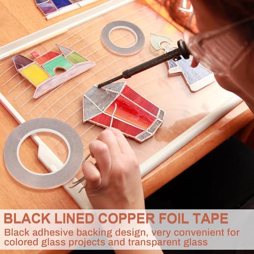 Innconee 5 Pcs Black Backed Copper Foil Stained Glass Black Lined Foil Copper 3 Sizes for Stained Glass Set Hand Foiler Supplies Craft Art Tools(3/16, 7/32, 1/4in X 108ft) - size: 3/16, 7/32, 1/4in X 108ft