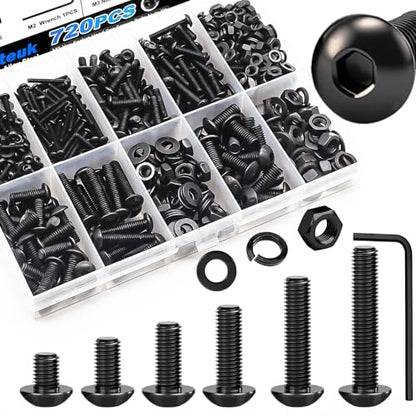 mxuteuk 720PCS M3 Screws Assortment Kit,6/8/10/12/16/20mm M3 Metric Screw,10.9 Grade Alloy Steel Metric Hex Button Head Cap Screws Nuts and Flat Washers for 3D Printing - size: 720PCS M3, style: Hex Socket Button Head