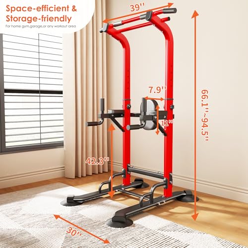 SogesPower Pull Up Bar Station Power Tower,12-Level Adjustable Heights | 66.1" to 94.5"Pull Up Dip Station for Home Gym, Pull Up Bar Stand Dip Bar Strength Training Fitness Equipment - color: Red