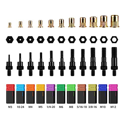 WETOLS 17" Rivet Nut Tool, Hand Rivet Tool Kit with 11 Metric & SAE Mandrels M3 M4 M5 M6 M8 M10 M12, 10-24, 1/4-20, 5/16-18, 3/8-16, 110pcs Rivnuts, Sturdy Case Packed, Auto Release Nut Design, WE-896 - size: 17" auto release rivet nut tool