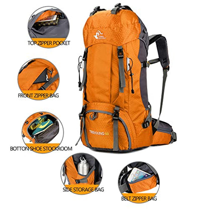 Bseash 60L Waterproof Hiking Camping Backpack with Rain Cover, Large Outdoor Sport Travel Daypack Rucksack for Climbing - color: Gold