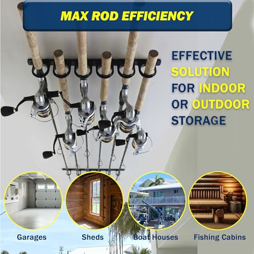 Rush Creek Creations Set of 4 Adaptable 6, 12, 18, or 24-Rod Horizontal Wall-Mount Fishing Pole Holders, Ceiling or Wall Fishing Rod Racks for Garage, Fits Most 0.12" to 0.75" Diameter Rods - size: Four Pack