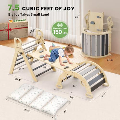 Pikler Triangle Set with Cushion, Wooden Climbing Toys for Toddler | Foldable 8-in-1 Montessori Philosophy Toddler Climbing Toys Indoor with Reversible Ramp, Arch and Ladder - Elegant Gray - color: Elegant Gray