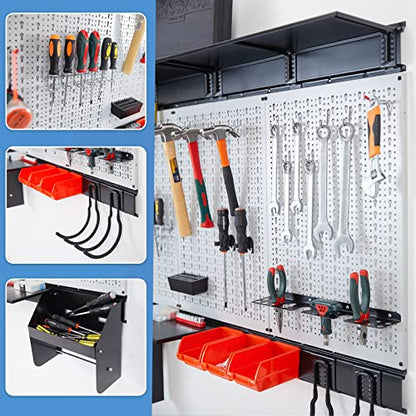 Ultrawall Peboard Storage Organizer, 48x36 inch Pegboard Wall Organizer, Metal Garage Peg Board with Toolboard, Utility Hooks, Overhead Shelf, 105pcs