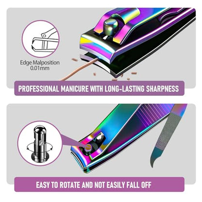 firiKer 2PCS Stainless Steel Nail Clippers,Rainbow Fingernail Clipper and Toenail Clipper, Wide Easy Press Lever Nail Cutter with Swing Out Nail Cleaner/File for Men and Women - color: Rainbow
