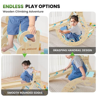 BlueWood Pikler Triangle Set with Safe Handle, Climbing Toys for 1-3 Year | Foldable 7-in-1 Montessori Toddler Climbing Toys Indoor, Wooden Pickler Climbing Set, Baby Jungle Gym & Playground, Sky Blue - color: Sky Blue