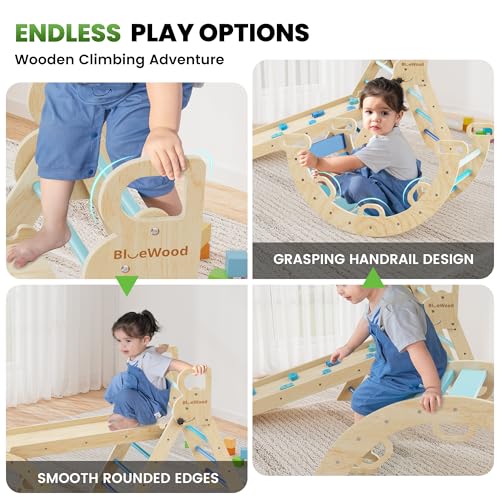 Pikler Triangle Set with Safe Handle, Climbing Toys for 1-3 Year | Foldable 7-in-1 Montessori Toddler Climbing Toys Indoor, Wooden Pickler Climbing Set, Baby Jungle Gym & Playground, Sky Blue - color: Sky Blue