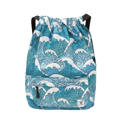 Waterproof Drawstring Bag, Gym Bag Sackpack Sports Beach Backpack for Men Women - color: 03-wave
