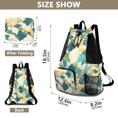 Drawstring Backpack For Swim Climbing Gym Bag With Water Bottle Holder Cinch Sack Waterproof Tropical Plants Green