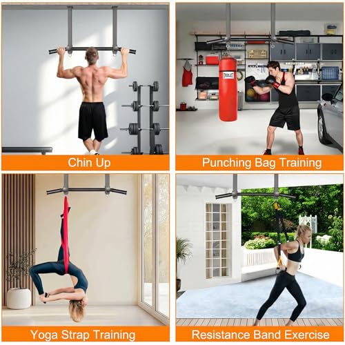 16" Ceiling Mount Pull Up Bar, Heavy Duty Steel Support 600 LBS | with Ball Finger & Round Anchors, Multi-Grip Pullup Bar, Ceiling Beam for Home/Gym/Garage/Basement, Easy Installation