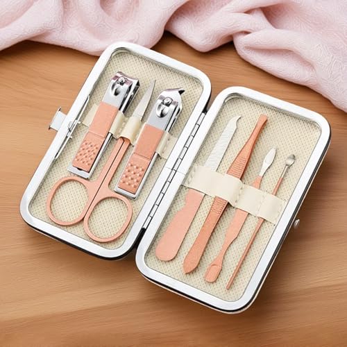 7 Pcs Manicure Set with Nail Clippers Scissors Files, Portable Grooming Kit for Home Office Travel with Storage Case - color: 7 Piece-pink