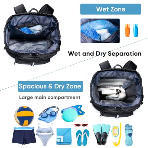 Large Beach Backpack Waterproof Sandproof - Customized Oversized Drawstring Pool Bag with Shoe Compartment for Toiletries, Towels, Gym, Travel - color: Black, size: Large
