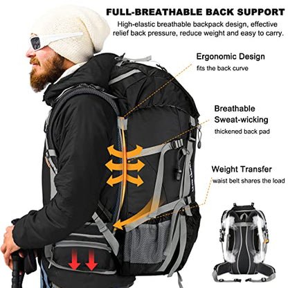 Loowoko 50L Hiking Backpack, Waterproof Camping Essentials Bag with Rain Cover, 45+5 Liter Lightweight Backpacking Back Pack - color: Black