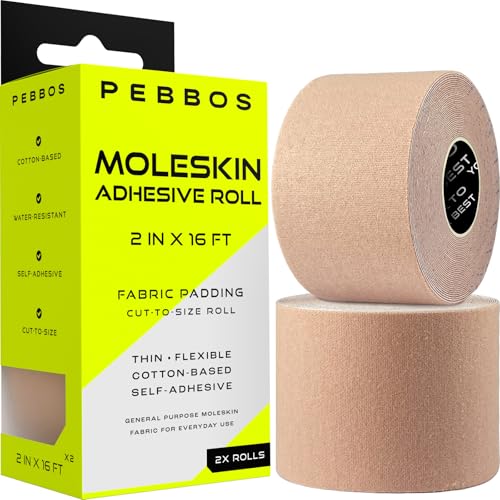 Moleskin Adhesive Roll – 2 Rolls – 2in x 16ft – Cut-to-Size Cotton Fabric | Thin, Flexible & Water-Resistant