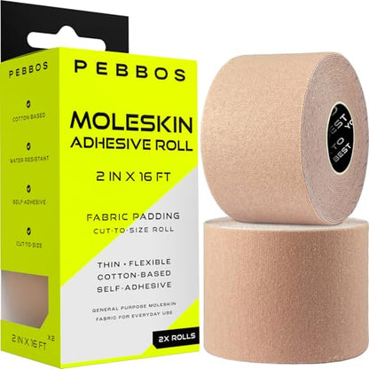 Moleskin Adhesive Roll – 2 Rolls – 2in x 16ft – Cut-to-Size Cotton Fabric | Thin, Flexible & Water-Resistant
