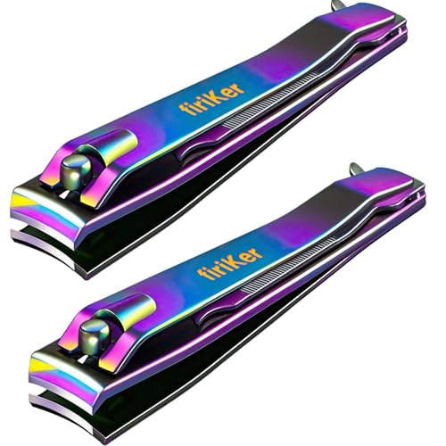 firiKer 2PCS Stainless Steel Nail Clippers,Rainbow Fingernail Clipper and Toenail Clipper, Wide Easy Press Lever Nail Cutter with Swing Out Nail Cleaner/File for Men and Women - color: Rainbow