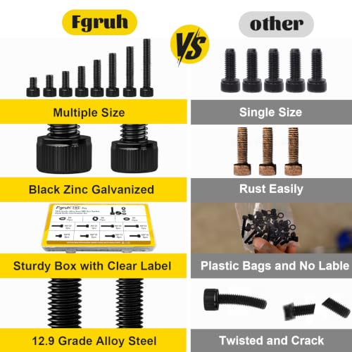 185PCS M6 Screws with Nuts Assortment Kit - M6x8/10/12/16/20/25/30/35 mm Hex Socket Head Cap Bolts with Nuts & Washers Assorted Set - 12.9 Alloy Steel Black Zinc Plated Anti-Rust Hardware Set - size: M6 185pcs