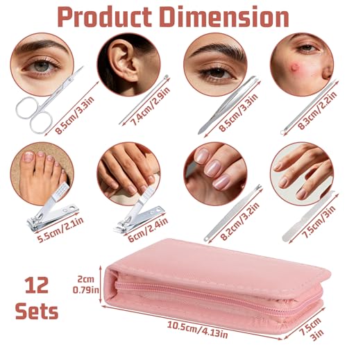 12 Sets Manicure Set, 8 in 1 Stainless Steel Nail Care Kit, Sturdy Manicure Tool Kits with Travel Case, Nail Grooming Kit Gift, for Men and Women(Pink) - color: Pink
