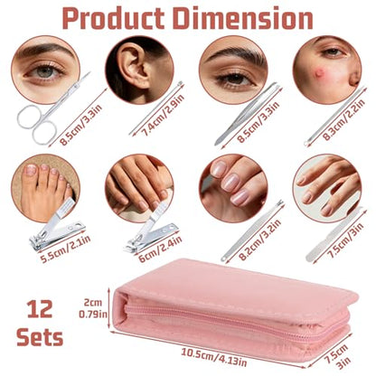 12 Sets Manicure Set, 8 in 1 Stainless Steel Nail Care Kit, Sturdy Manicure Tool Kits with Travel Case, Nail Grooming Kit Gift, for Men and Women(Pink) - color: Pink