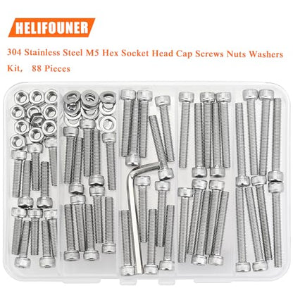 HELIFOUNER 88 Pieces M5 x 20mm /25mm /30mm /35mm /40mm, Hex Socket Head Cap Screws Bolts Washers Nuts Kit with Hex Wrench, 304 Stainless Steel - size: M5 Screw Kit (88 PCS)
