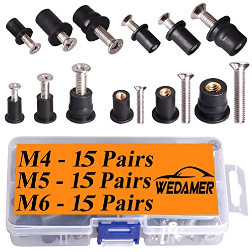 WEDAMER 45 Pairs M4 M5 M6 Neoprene Well Nuts with Stainless Steel Screw M5 Rubber Well Nuts Kayak Brass Copper Bolts Well Nut Kit for Kayak Motorcycle Boat Marine Windscreen Accessories (M4 M5 M6) - color: M4 M5 M6 each 15 Pairs