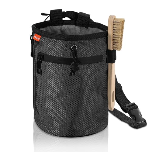 MoKo Climbing Chalk Bag with Brush for Rock Climbing, 2 Zippered Pockets | Waterproof nylon with soft lining, includes brush, 2 zippered pockets, drawstring + adjustable belt, for rock climbing