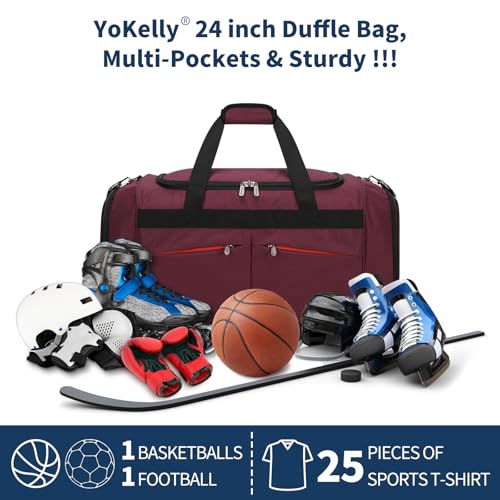 24 inch Large Gym Bag for Men - 65L Hard Bottom Duffle Bag with Shoes Compartment for Sport/Travel - Wine Red - color: Wine Red