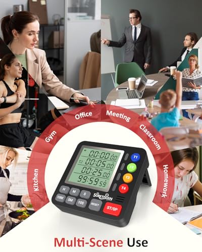 Digital Kitchen Timer with 4 Channel, Loud Alarm and Silent Mode | Magnetic Cooking Timer with Count Up & Countdown for Kids and Seniors, Large Display to Read, Auto Memory, Battery Included - color: Black