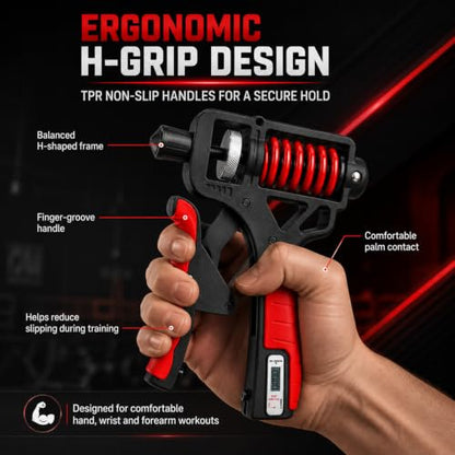 Ergonomic Adjustable H-Grip Hand Trainer with Counter | 11–350lb Hand Gripper with Alloy Frame, Titanium-Plated Spring and TPR Non-Slip Handles for Finger, Wrist & Forearm Training - color: Black