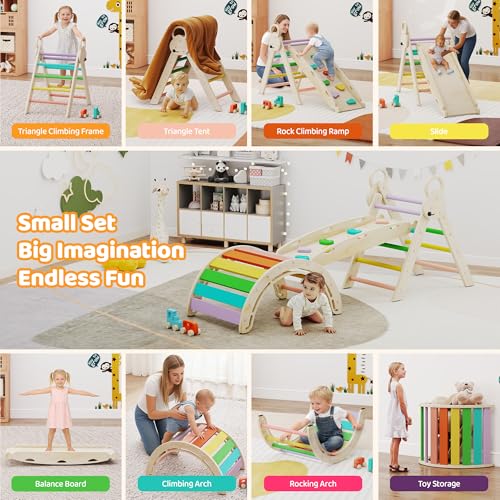 Pikler Triangle Set with Cushion, 7-in-1 Foldable Toddler Climbing Toys, Indoor Playground for Kids, Montessori Climbing Set Gift, Wooden Baby Jungle Gym, for Toddlers 1-3 (Rainbow) - size: 7-in-1 with Cushion