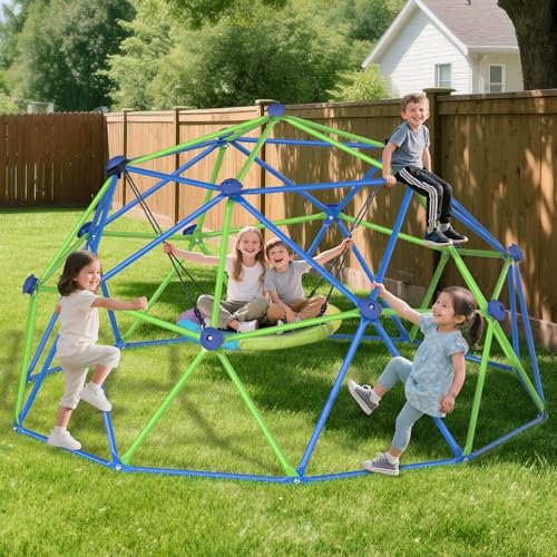 Climbing Dome Jungle Gym with Swing 10 ft Outdoor Playset Kids Playground - color: Blue + Green