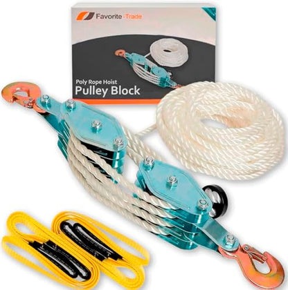 Nylon Rope Hoist Pulley Block and Tackle, 2 Ton - 6000-8000 LB Breaking Strength, 7:1 Lifting Power, 65 Ft - Rope Hoist Pulley System for Garage, Hunting, Boat Lift - Includes 2 Straps - color: Silver Steel