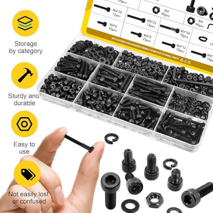 480PCS M4 Screws Assortment Kit, M4x6/8/12/16/20/30 mm Hex Socket Head Cap Bolts, Nuts & Washers Set, 12.9 Grade Alloy Steel Black Zinc Plated M4 Screw Assorted Kit for 3D Printer, DIY, Repairs - size: M4 480pcs