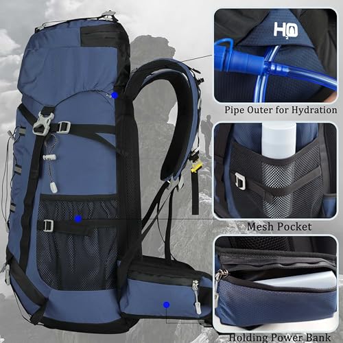 60L Travel Hiking Camping Backpack with Rain Cover, Backpack Water Resistant,Climbing Backpack for Men Women - color: Deep Blue