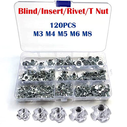 120 Pcs M3 M4 M5 M6 M8 Zinc Plated Carbon Steel T-Nuts Four Claws Nut Assortment Kit for Wood, Rock Climbing Holds, Cabinetry, Furniture