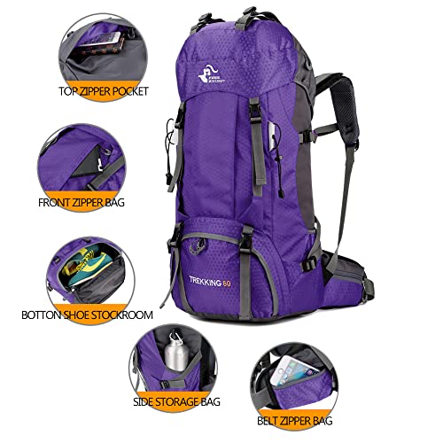 Bseash 60L Waterproof Hiking Camping Backpack with Rain Cover, Large Outdoor Sport Travel Daypack Rucksack for Climbing - color: Purple