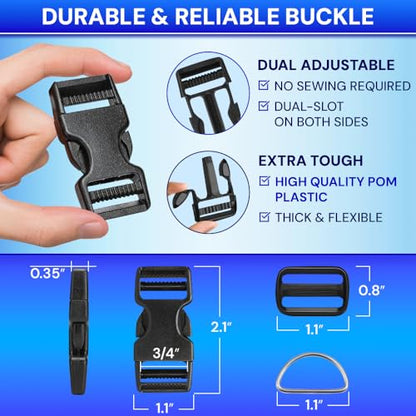 TECEUM 3/4" Nylon Strap Kit with Buckles, Khaki 6 yards Repair Set | Heavy duty hardware kit: 6yd webbing, 6 quick release buckles, 12 tri-glide slide clips, 6 metal D-rings for crafting. - color: Khaki, size: 3/4" - 6 yards, style: 6 Buckle - 12 Slides -