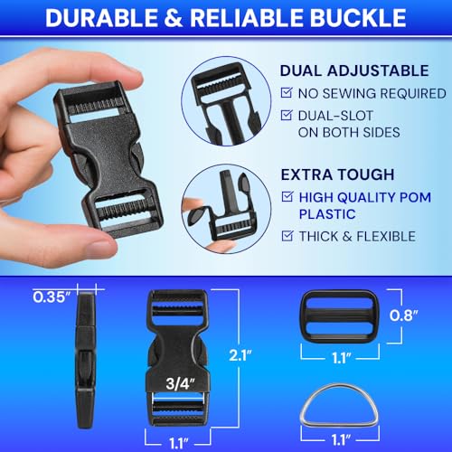 TECEUM 3/4" Nylon Strap Kit with Buckles, Red 6 yards Repair Set | Heavy duty hardware kit: 6yd webbing, 6 quick release buckles, 12 tri-glide slide clips, 6 metal D-rings for crafting. - color: Red, size: 3/4" - 6 yards, style: 6 Buckle - 12 Slides - 6 D