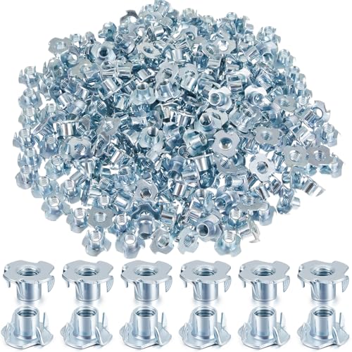 300 Pcs T-Nuts 3/8"-16, Zinc-Plated Steel Corrosion Resistant, 7/16" Barrel Length, 4-pronged Climbing Wall Tee Nut for Rock Climbing Holds, Wood, Cabinetry (Blue Zinc) - color: Blue Zinc