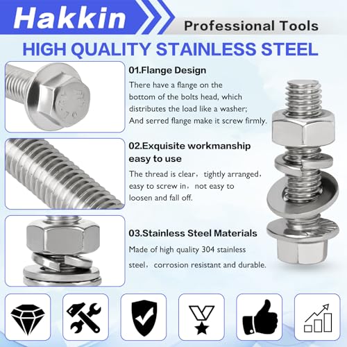 M8 Bolts, 200PCS Flange Hex Bolts and Nuts Kit, M8-1.25 x 16/20/25/30/35mm Flanged Hex Head Bolts Flange Hexagon Screws, Hakkin 304 Stainless Steel M8 Metric Nuts Screws Flat & Lock Spring Washers - size: 200PCS M8 Flanged Bolts Silver