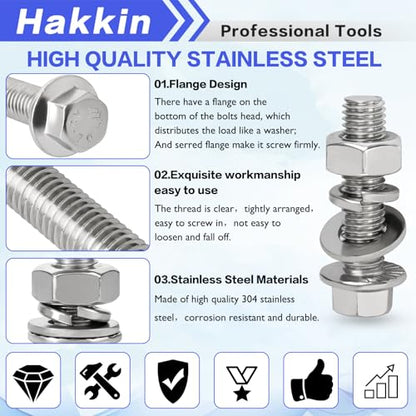 244PCS M6-1.0 M8-1.25 Flange Hex Head Bolts and Nuts Kit, M6 M8 Metric Flange Hexagon Screws Serrated Nuts Washers, 304 Stainless Steel M6 Bolt M8 x 1.25 Bolt Screw Set Hakkin - size: 244PCS M6 M8 Flanged Bolts Silver