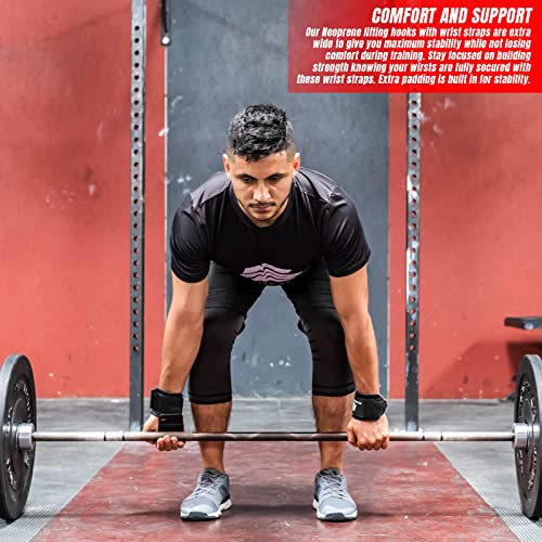 Fit Active Sports Heavy Duty Steel Weight Lifting Hooks with Wrist Straps - for Gym Barbell Deadlift Power Lifting Workouts - Workout Grips with Padded Straps - Great for Men and Women