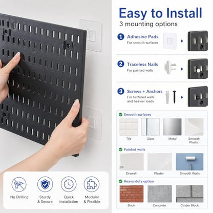 Pegboard Wall Organizer Kit – Heavy Duty 20lbs Load Bearing, Easy Installation, 4 Peg Board Panels 14 Accessories – Multi-Surface Use For Garage, Office, Kitchen & Crafts (Black Pegboard,24″×24″) | 24 x 24 Inch Modular Peg Board Panels with 14 Accessories