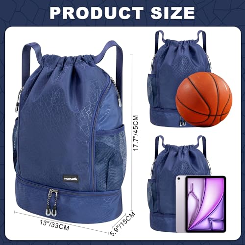 HOLYLUCK Drawstring Backpack with Shoe Compartment, Gym Bag Backpack for Men Women, Cinch Swim Beach Bag String Sports Bag for Soccer and Basketball, Blue - color: Blue